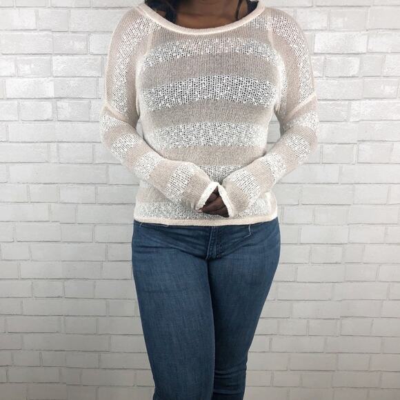 Kirra Striped Long Sleeve Scoop Neck Sheer Metallic Open Knit Sweater Size S/M - Picture 1 of 8